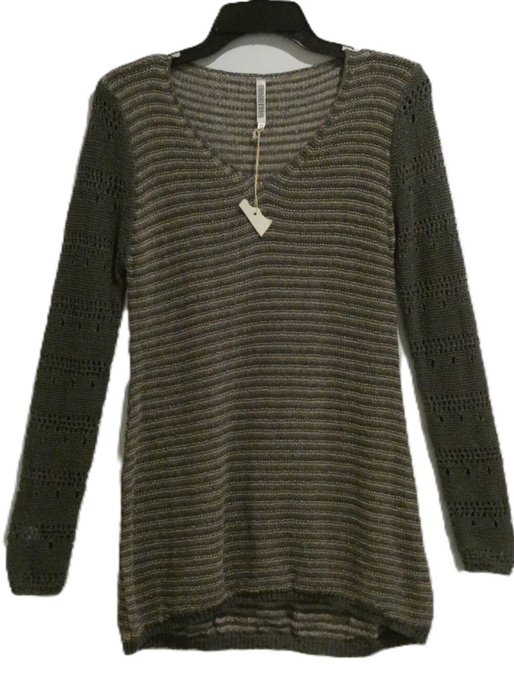 NWOT Monoreno Olive Gray & Beige Stripe V-Neck Sweater Size M